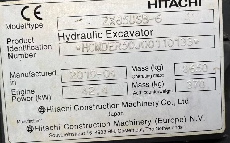 FOR AUCTION: 2019 Hitachi ZX85USB-6 rubber tracked excavator – ENDING 2025-01-08 full