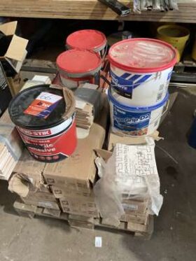 Pallet of 14m2 Tiles and Tiling Equipment comprising of Adhesive, Grout, Spacers and Tooling. No VAT On Hammer For Auction on 2025-02-20 For Auction on 2025-02-20 full